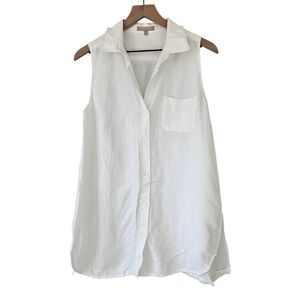 Joan Vass White Linen Blend Button Front Sleeveless Shirt